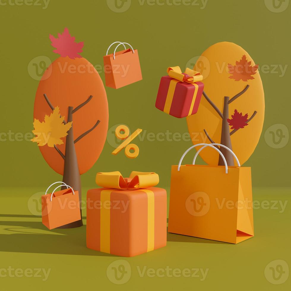 fundo de venda de outono, banner de conceito, design de pôster ou folheto, modelo para publicidade, web, anúncios sociais e de moda com sacola de compras e caixa de presente em fundo verde. renderização em 3D foto