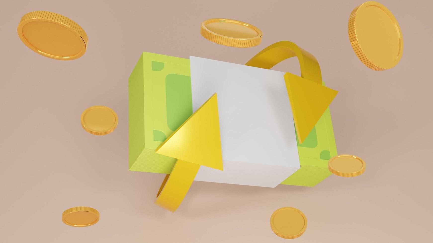 dinheiro notas explosão de moedas de ouro com setas de ouro .cash de volta. moedas em diferentes position.cashback e bancário, money-saving.empty cópia ilustração de renderização space.3d. foto