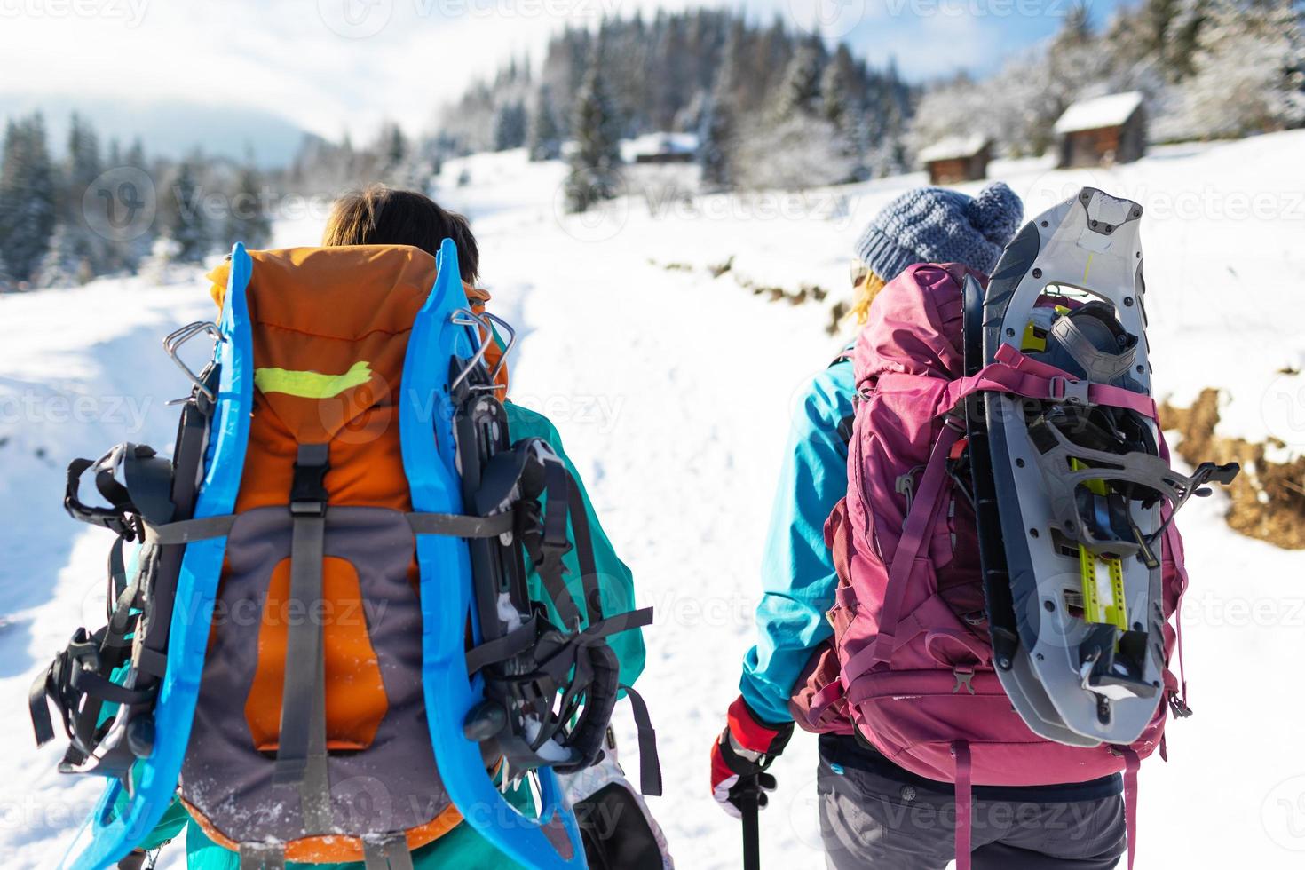 duas mulheres andam com raquetes de neve nas mochilas, trekking de inverno foto