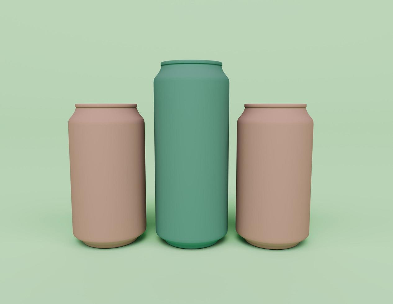 3d renderização de três refrigerantes rosa e verde podem isolado em fundo pastel, cena mínima de fundo 3d foto