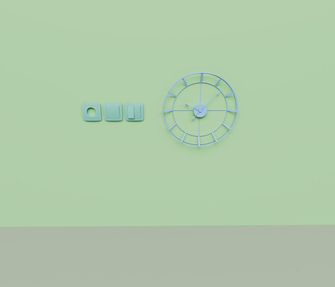 3d renderização do botão de desligar um relógio de parede isolado em fundo pastel, cena mínima de fundo 3d foto