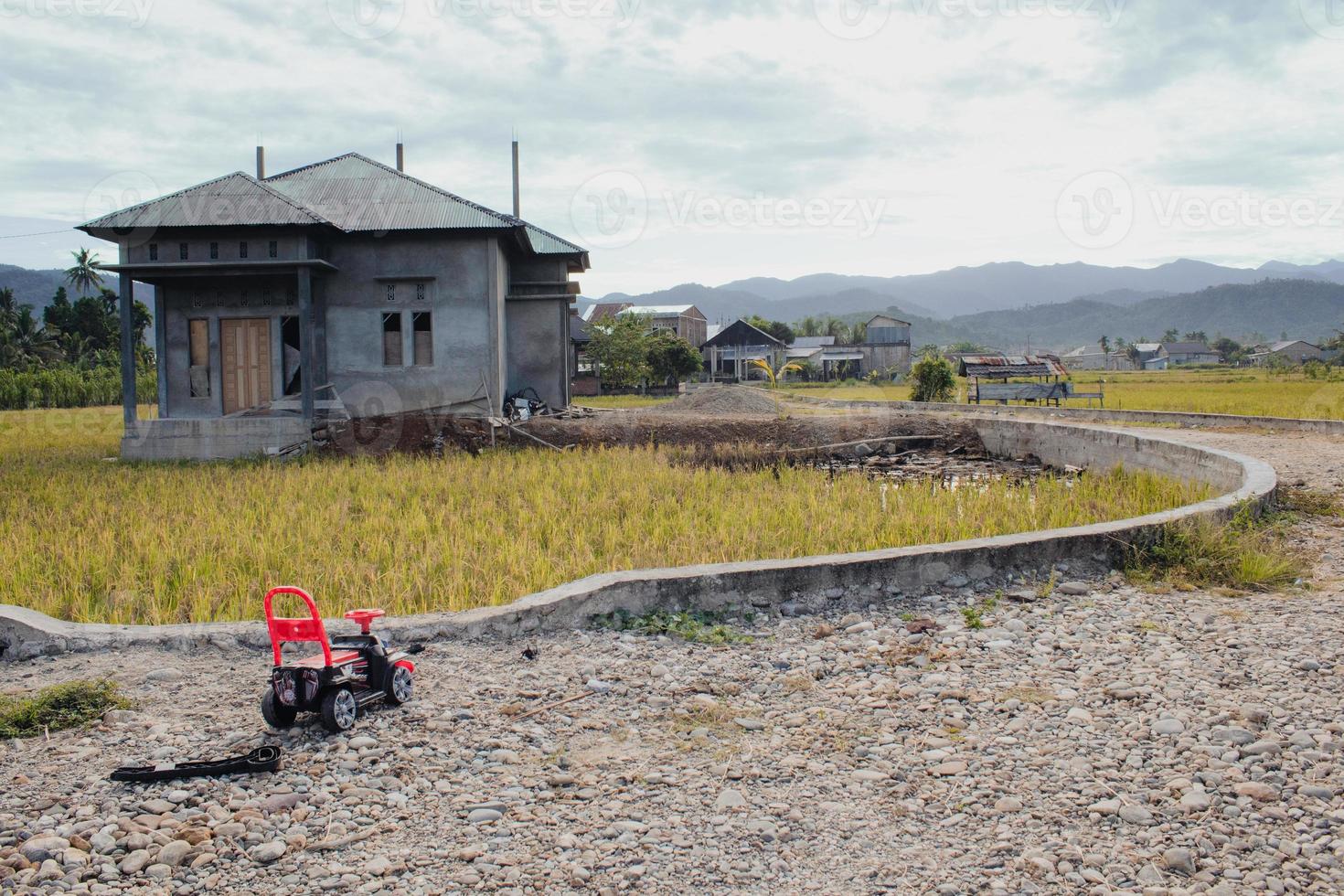 carros de brinquedo e casas no meio de campos de arroz foto