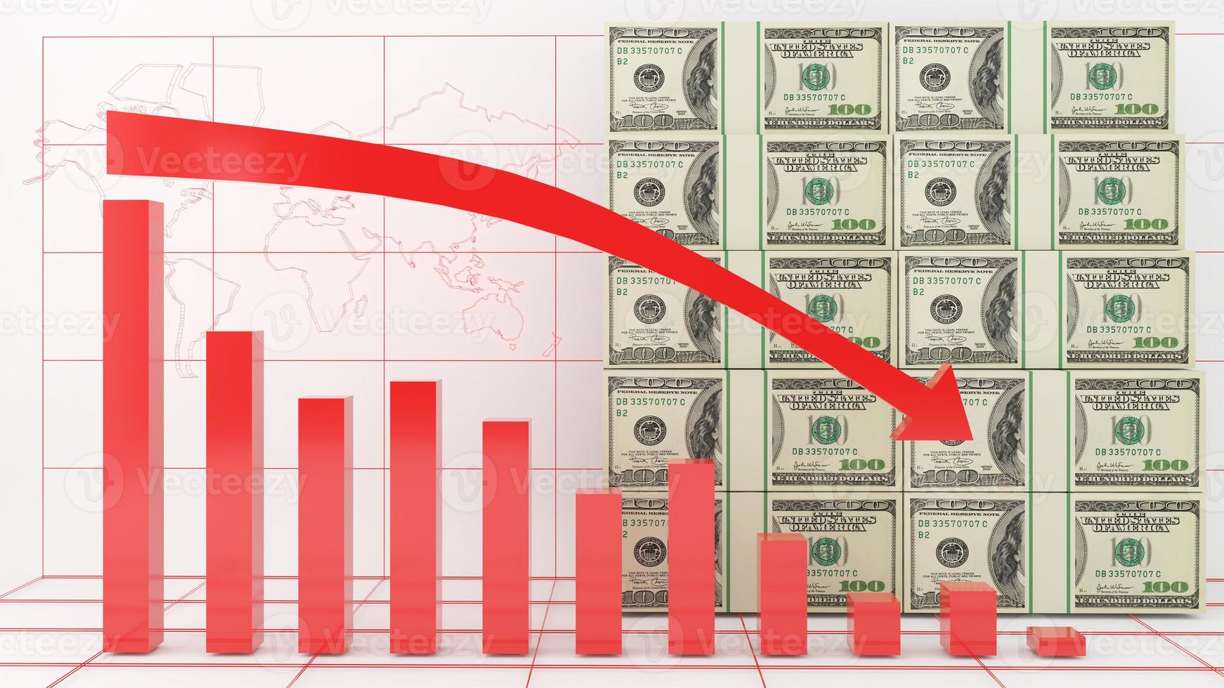 depreciação da moeda dos eua, recessão econômica, investimento para baixo, taxa de conversão de moeda, renderização em 3d foto