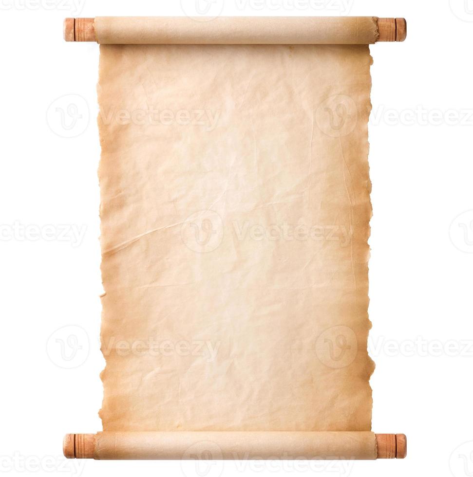 folha de rolagem de papel pergaminho velho vintage envelhecido ou textura isolada no fundo branco foto
