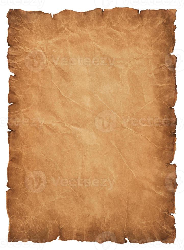 velha folha de papel pergaminho vintage envelhecida ou textura isolada no fundo branco foto