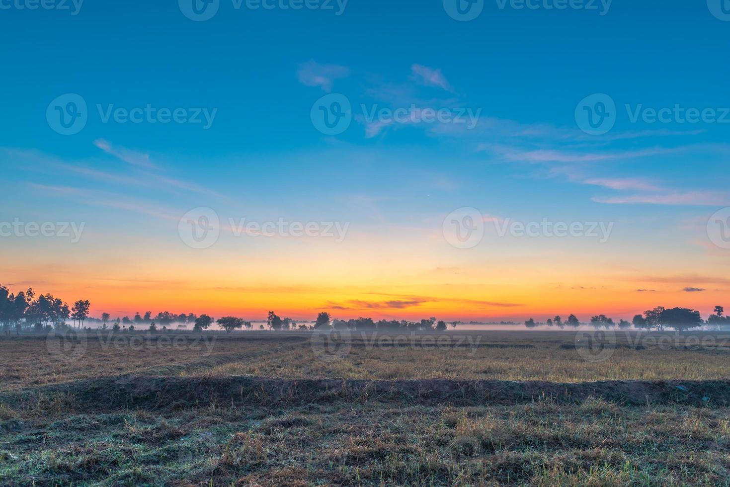 paisagem rural os campos no nevoeiro da manhã do nascer do sol e lindo céu foto