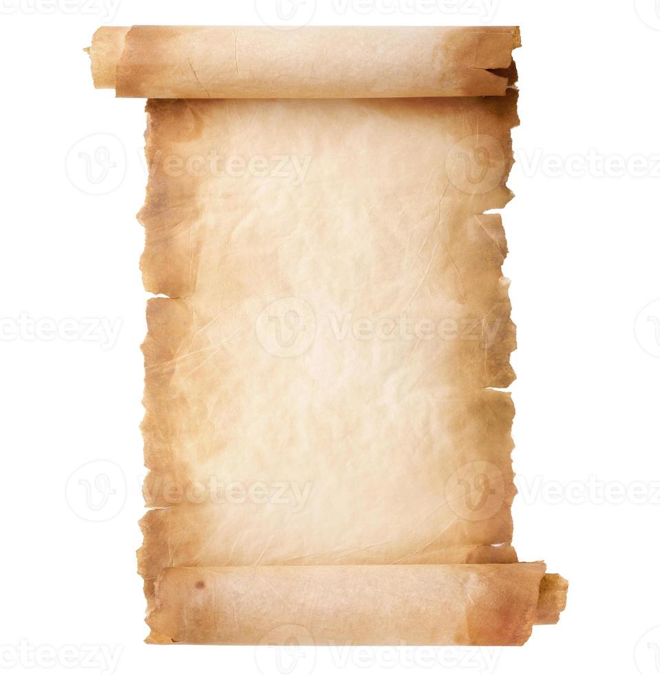 folha de rolagem de papel pergaminho velho vintage envelhecido ou textura isolada no fundo branco foto