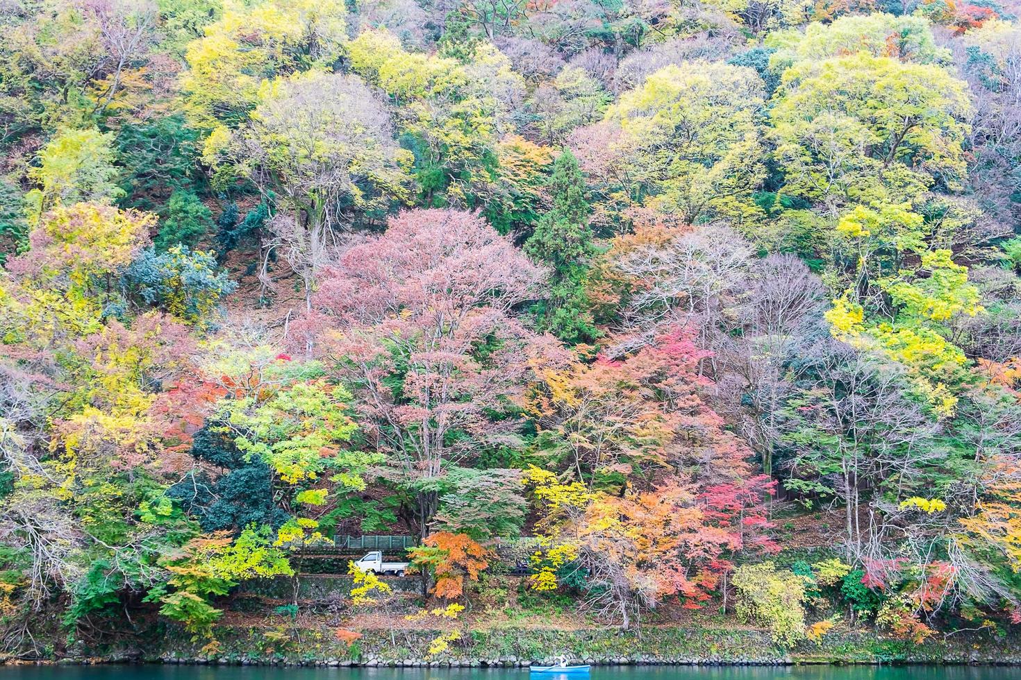 montanhas de folhas coloridas e rio katsura em arashiyama, ponto turístico e popular para atrações turísticas em kyoto, japão. outono outono temporada, férias, férias e conceito de turismo foto