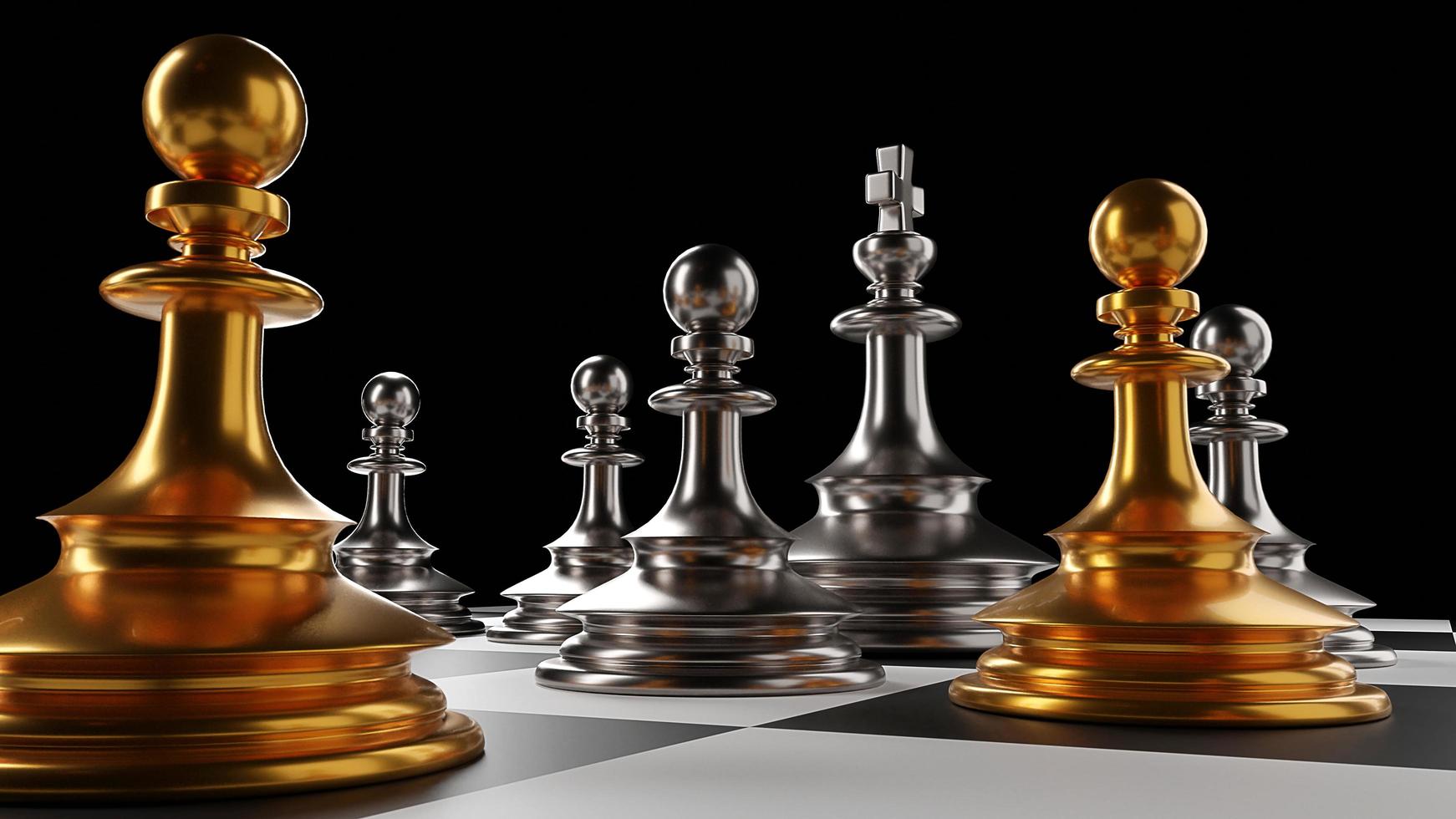 o rei no jogo de xadrez de batalha fica no tabuleiro de xadrez com fundo preto isolado. estratégia de negócios de conceito, planejamento e renderização de decision.3d. foto