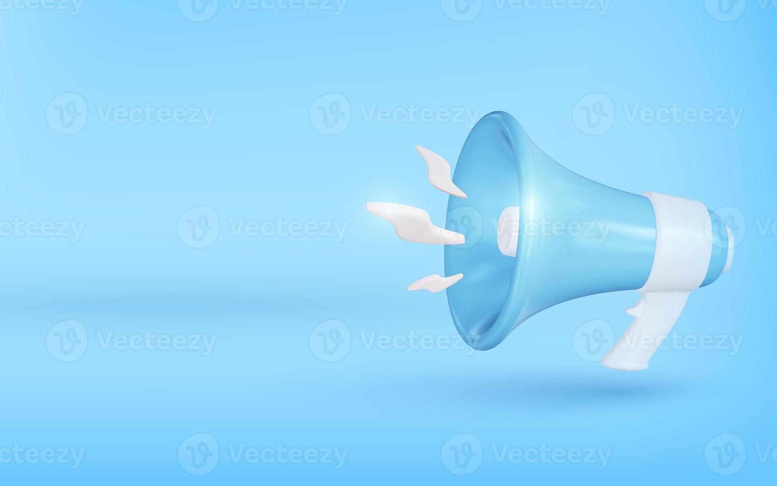 alto-falante megafone azul sobre fundo azul. ilustração de renderização 3D. conceito de tempo de marketing, megafone 3d realista, alto-falante com relâmpagos. foto