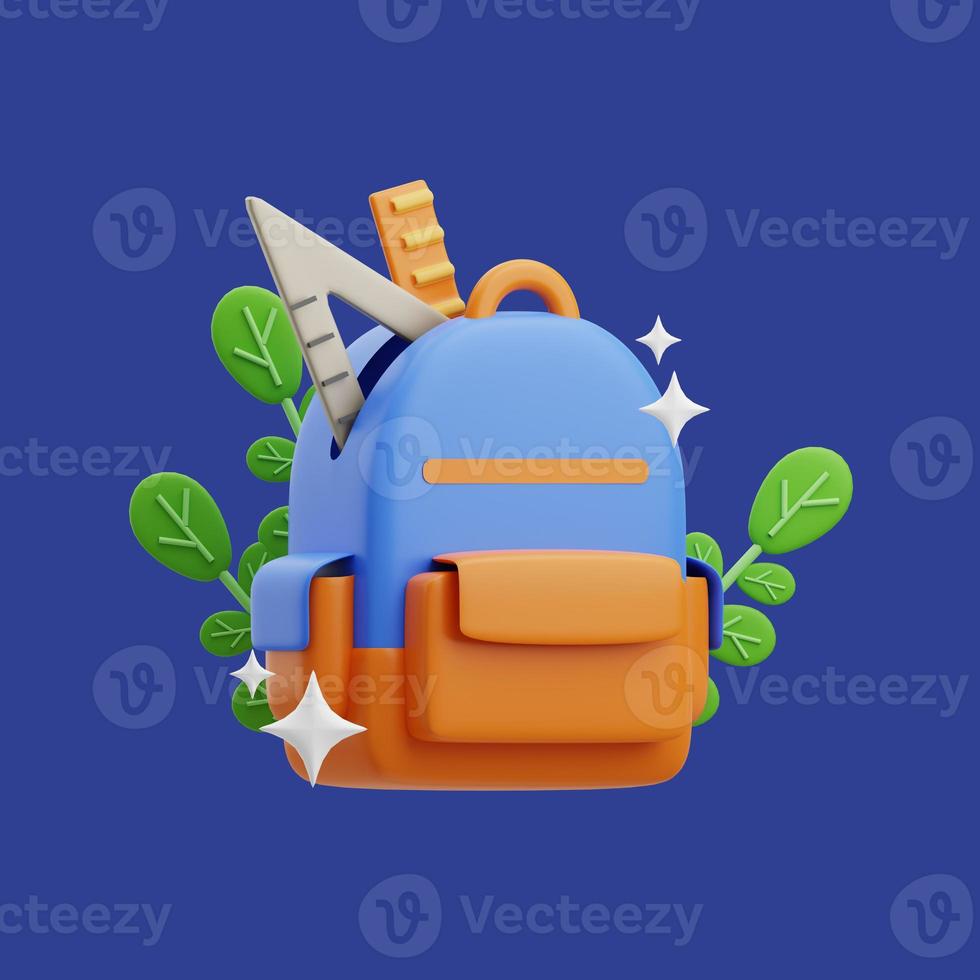 renderização 3D da ilustração do ícone da mochila escolar com régua, de volta à escola foto