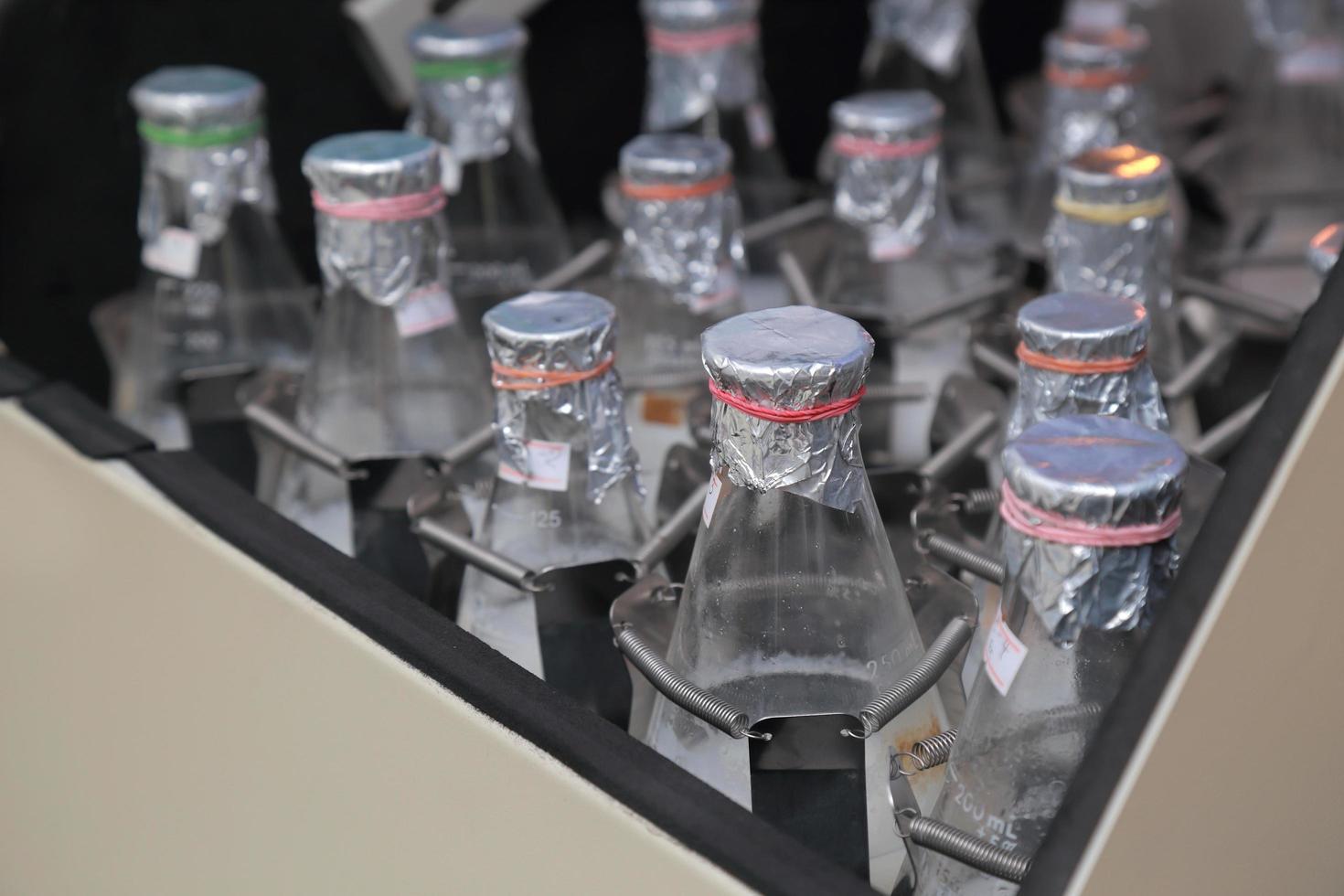 garrafas de laboratório agitando cultura microbiana de tecido líquido foto