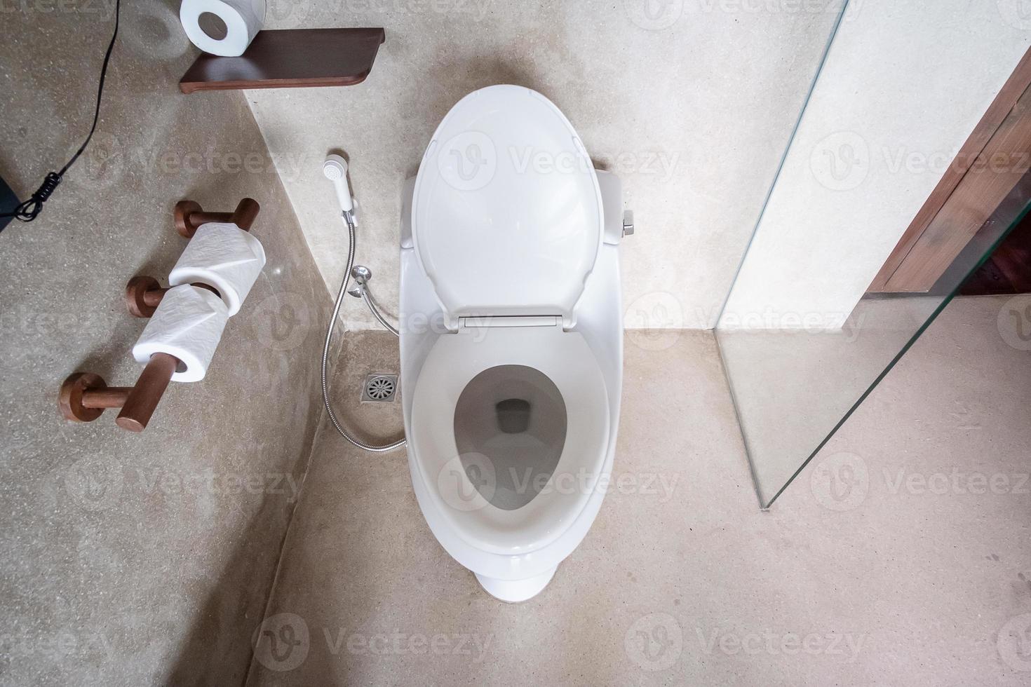 novo vaso sanitário de cerâmica e papel higiênico. limpeza, wc, estilo de vida e conceito de higiene pessoal foto