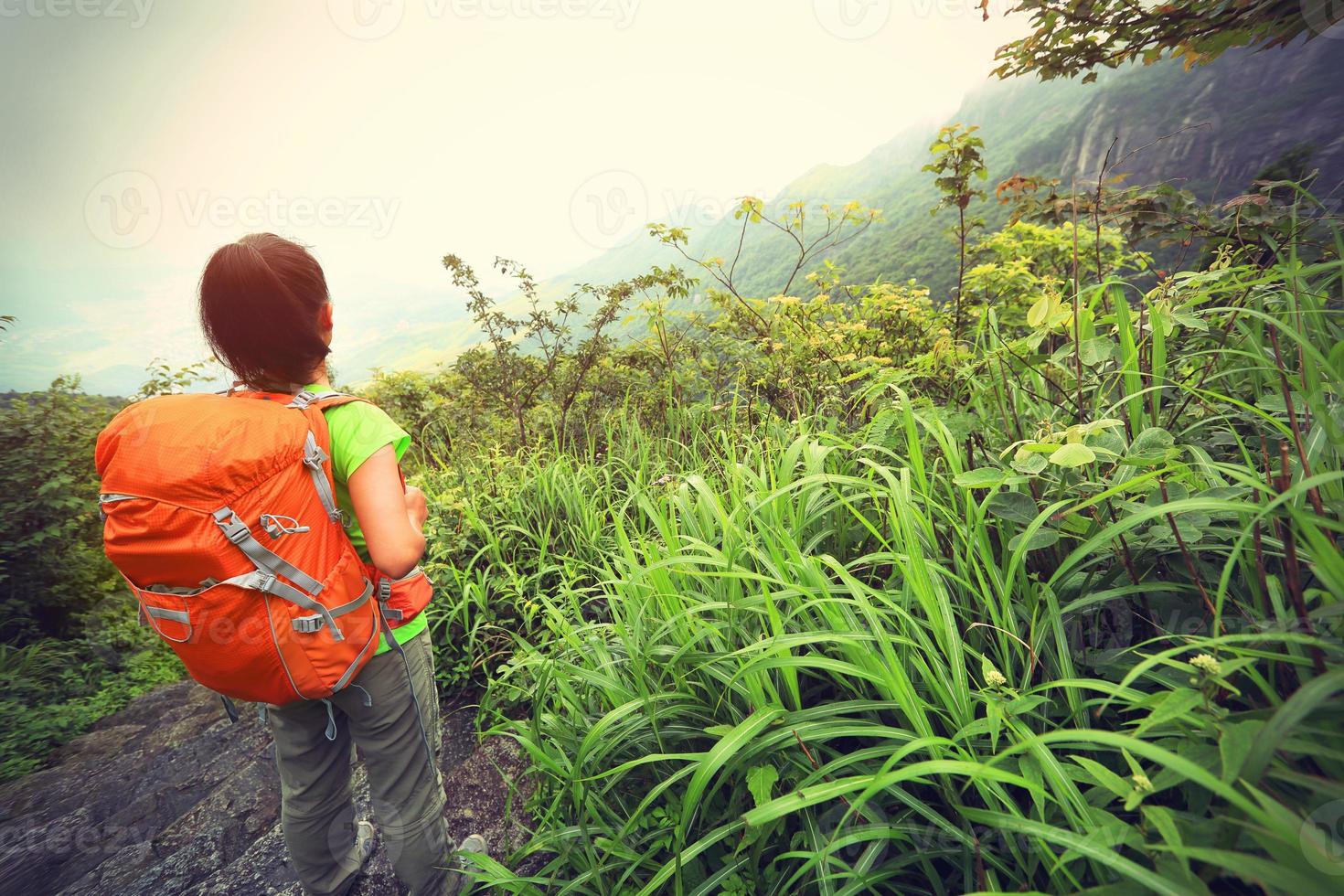 alpinista jovem desfrutar da bela paisagem no pico da montanha foto