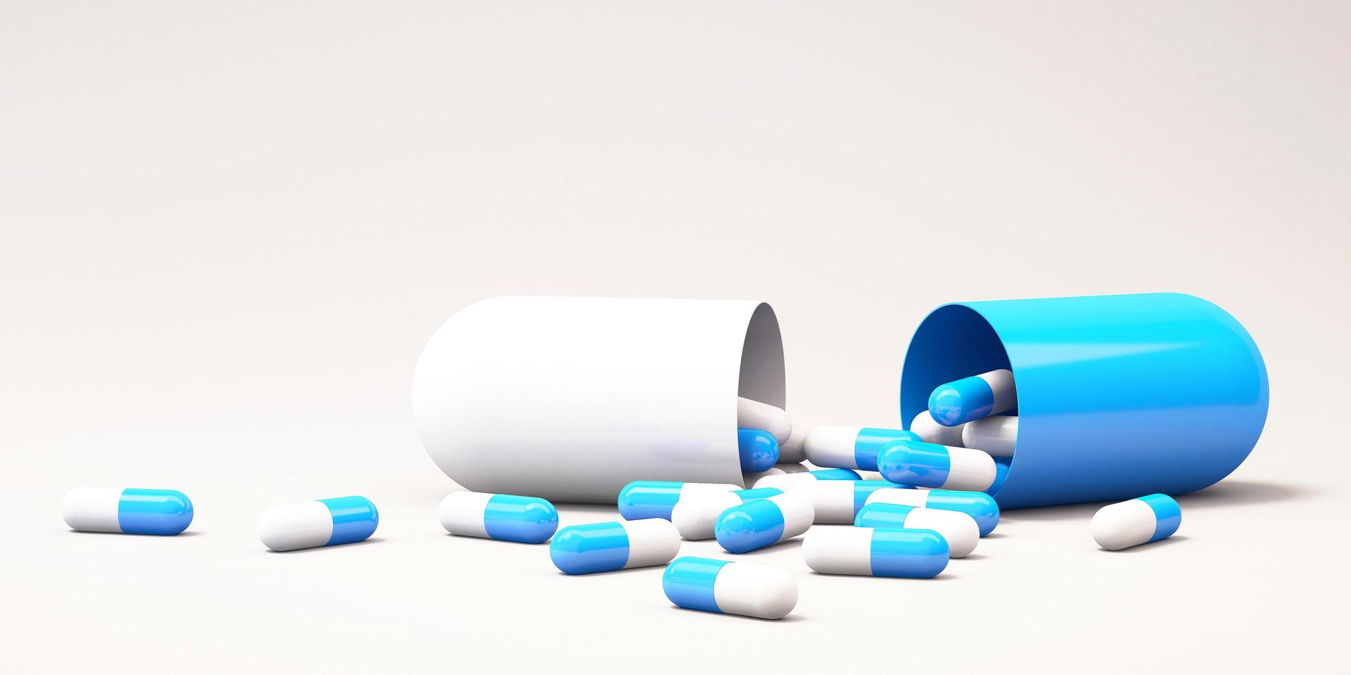 cápsulas de comprimidos de remédios caindo com fundo branco., plano de saúde e ilustração 3d médica foto
