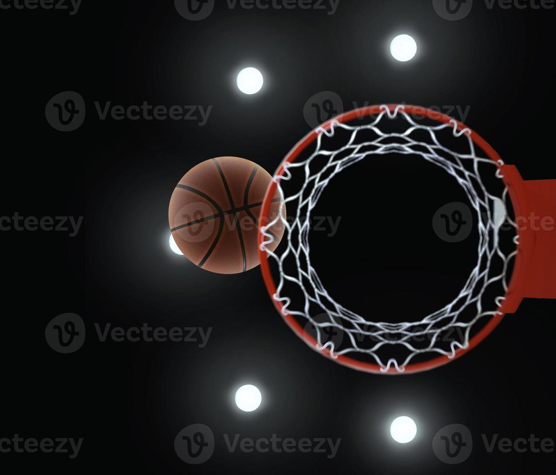 renderização 3D de basquete no aro e iluminação do estádio dossel foto