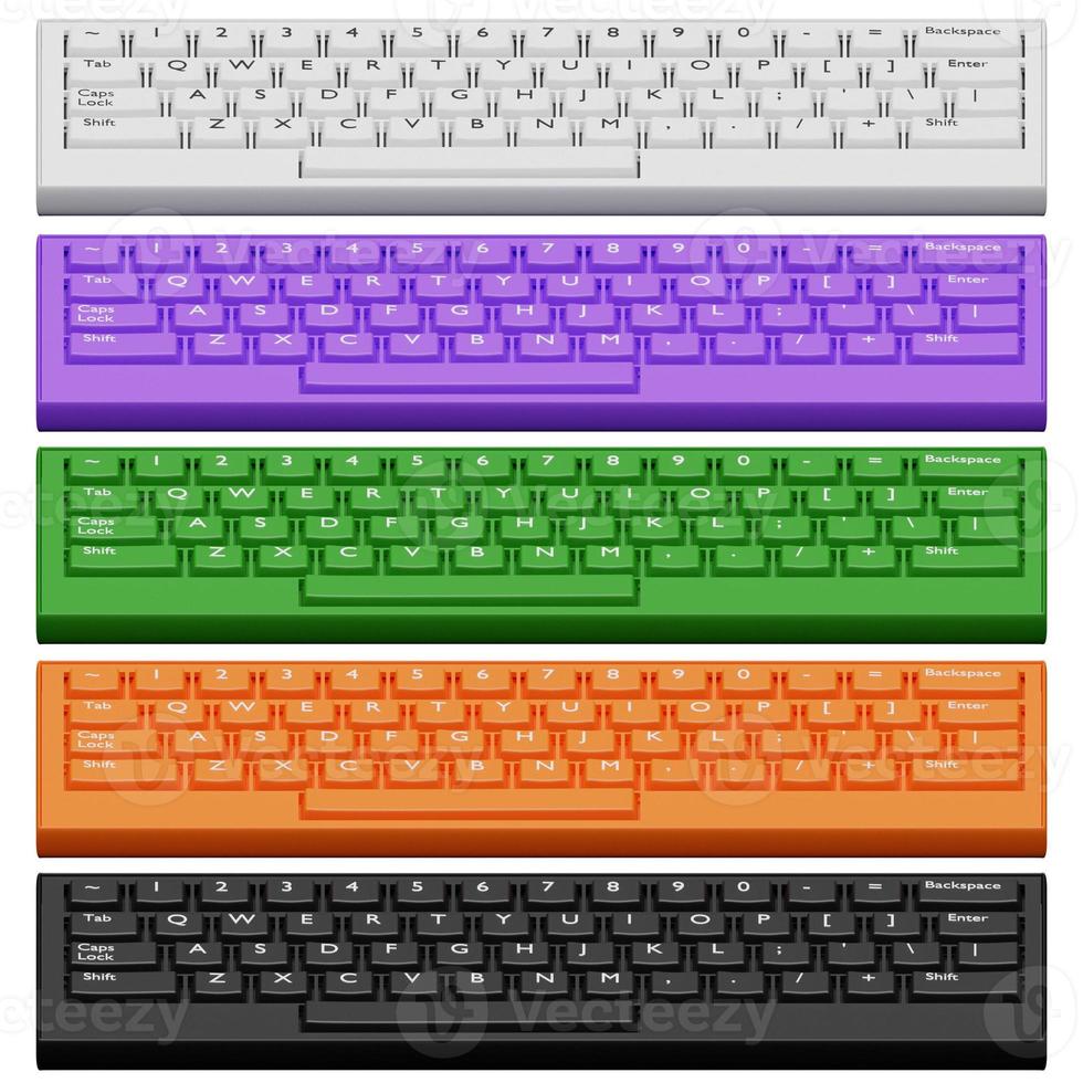 Ilustração 3D, close-up de um teclado de computador realista em cinco cores branco, preto, roxo, verde e laranja em um fundo branco. foto