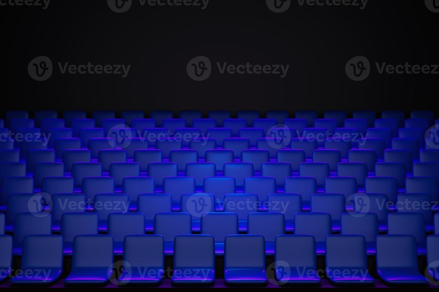 3d renderizam as mesmas fileiras de cadeiras macias de desenho azul no teatro. conceito de uma bela sala de cinema com cadeiras foto