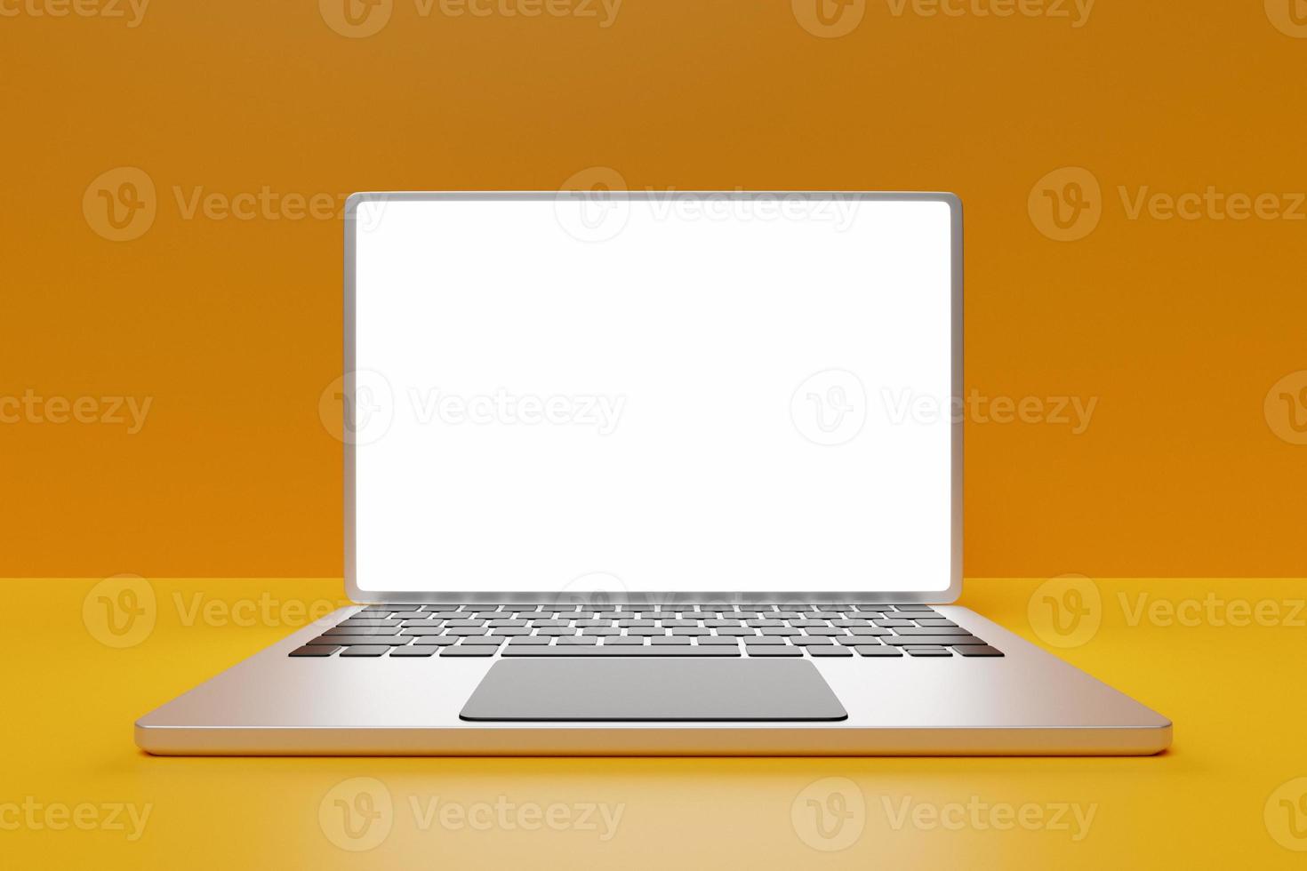 ilustração 3D, close-up do laptop realista com uma janela de pesquisa em fundo amarelo foto