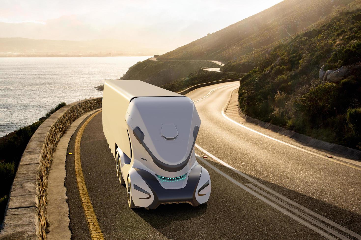 transporte de caminhão autônomo elétrico, conceito de tecnologia futura 5g, renderização 3d foto