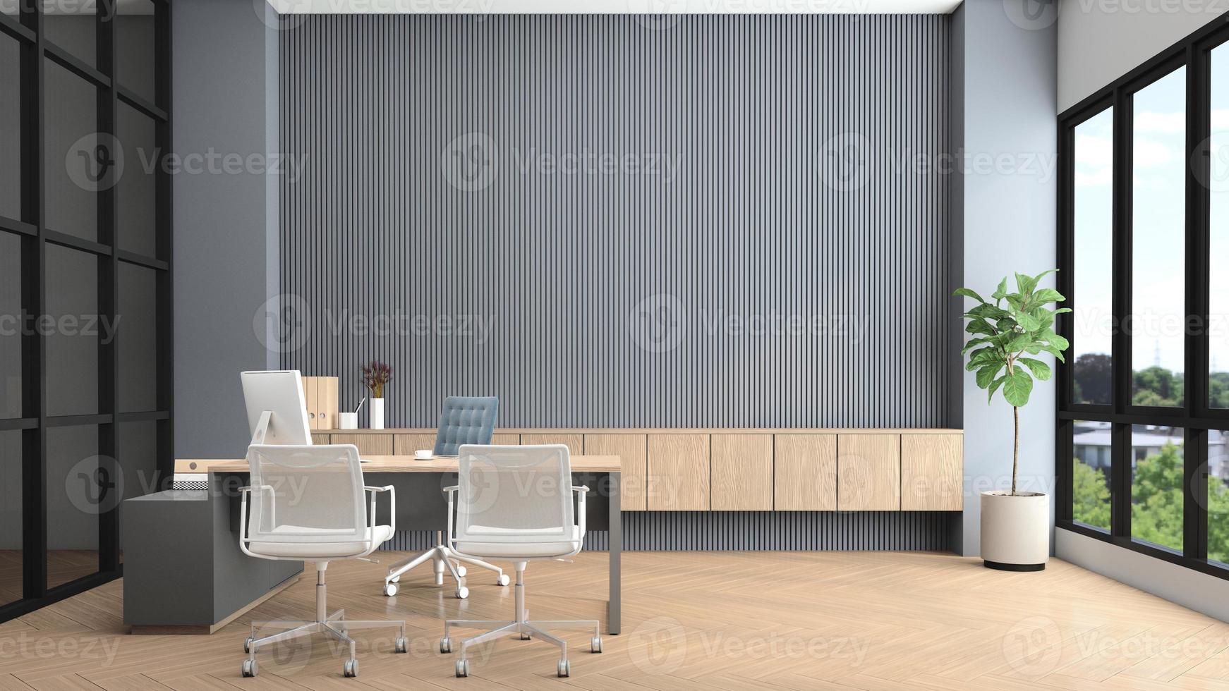 sala do gerente moderno com mesa e computador, parede de ripas cinza e armário de madeira embutido. renderização em 3D foto