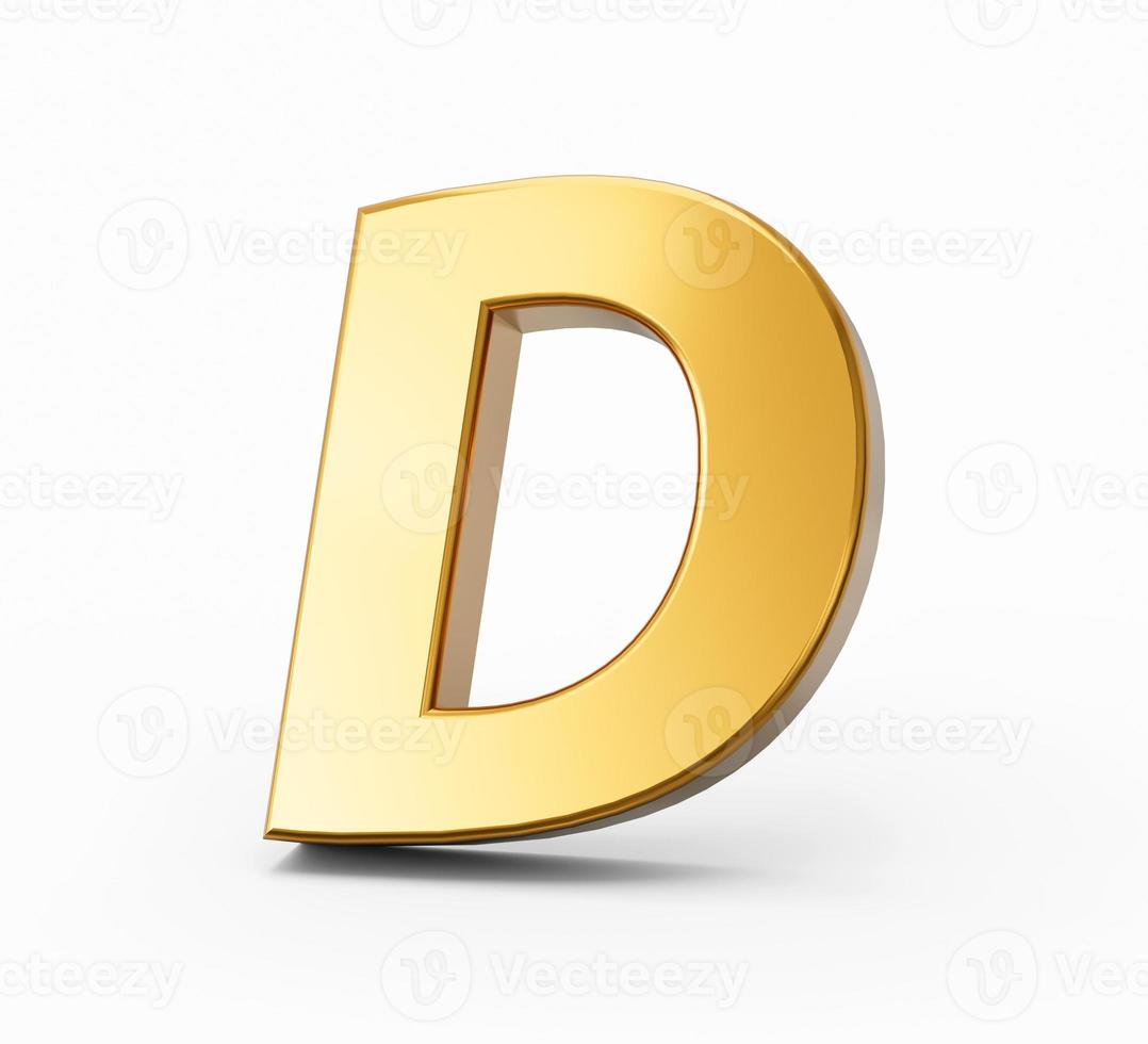 alfabeto dourado d sobre fundo branco isolado letras douradas 3d números ilustração 3d foto