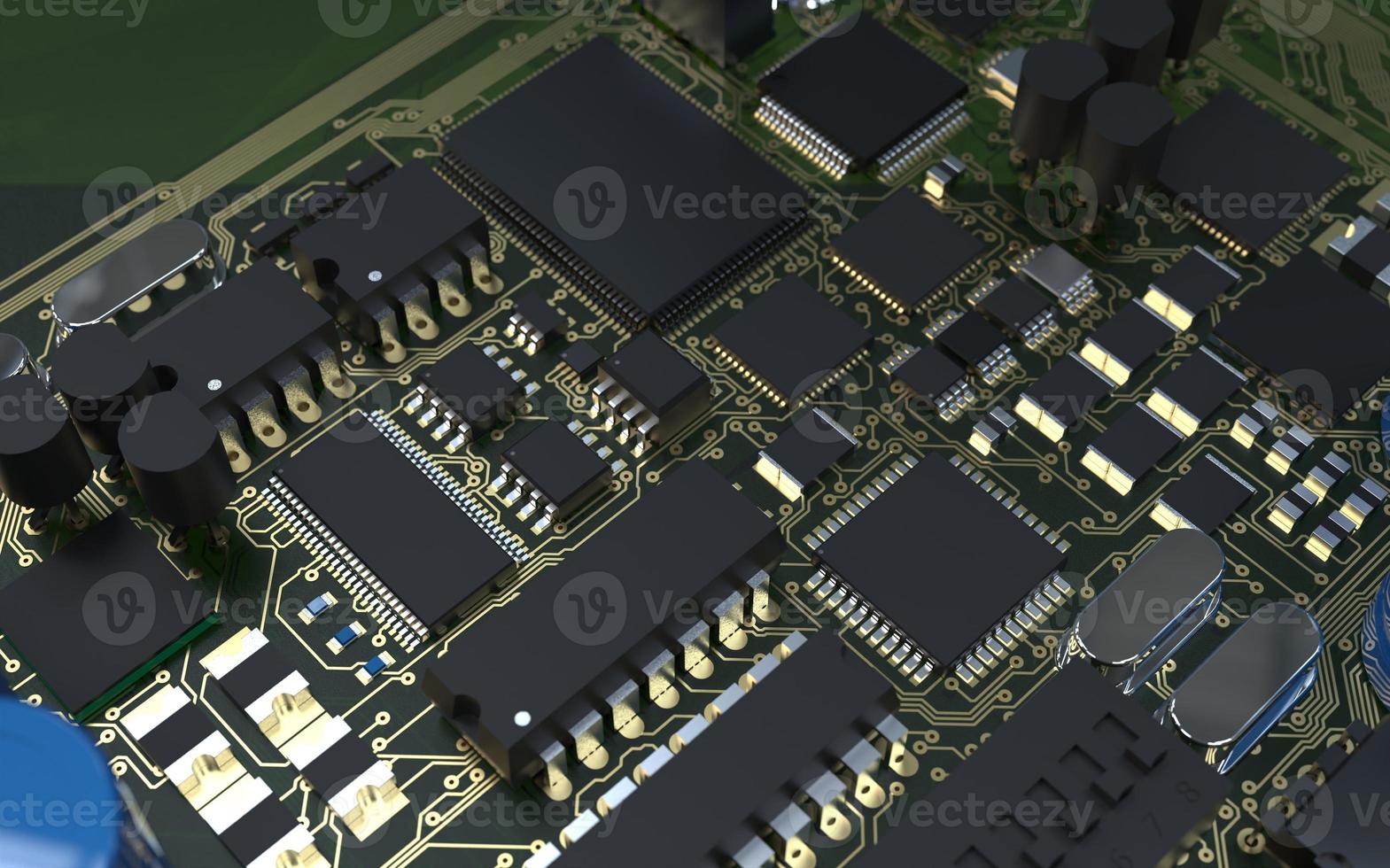 chip de processador em uma placa de circuito impresso em luz de fundo vermelha. Ilustração 3D sobre o tema da tecnologia e o poder da inteligência artificial. foto