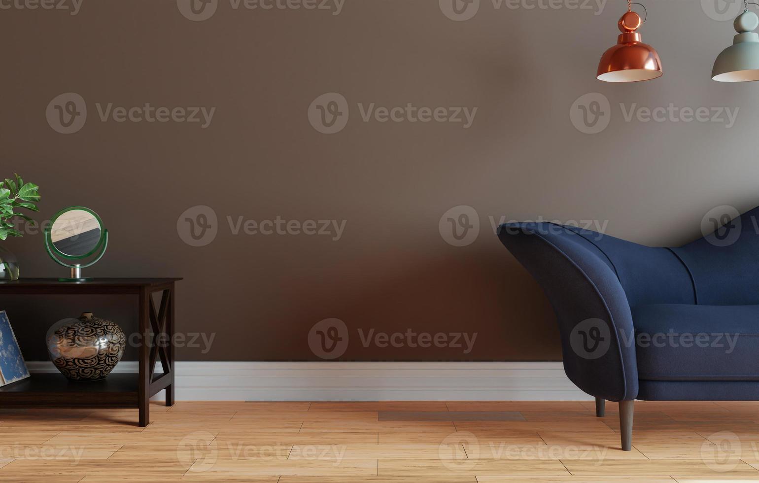 cartaz de estilo interior mínimo simula a parede da sala de estar com sofá moderno e decorações na sala de estar. copie o espaço. renderização 3D. foto