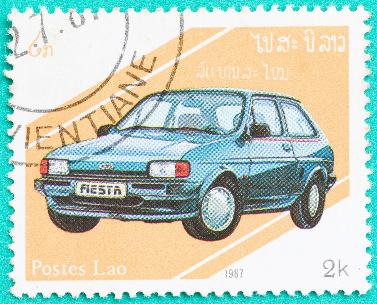 selos postais com impresso no laos mostra carro foto