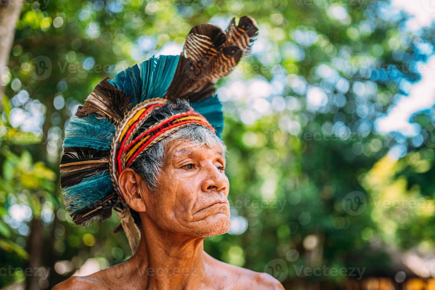 índio da tribo pataxo, com cocar de penas. índio brasileiro idoso olhando para a direita. foco no rosto foto