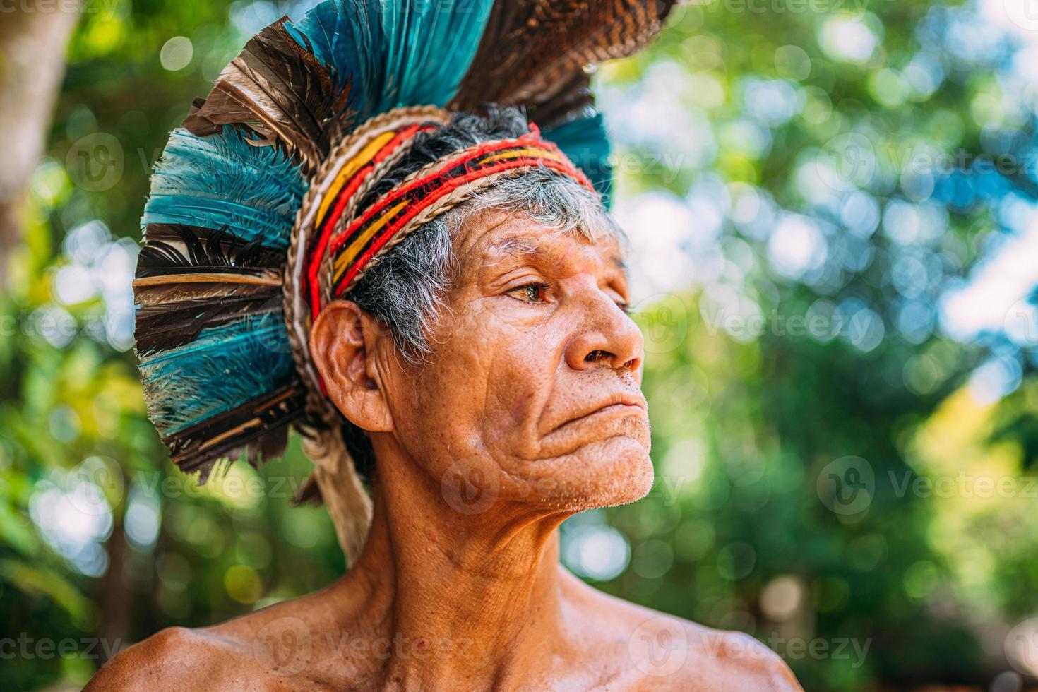 índio da tribo pataxo, com cocar de penas. índio brasileiro idoso olhando para a direita. foco no rosto foto