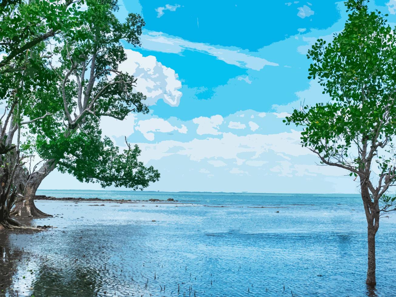 arte abstrata uma visão de árvores em ambos os lados da água com o mar e o céu no meio. foto