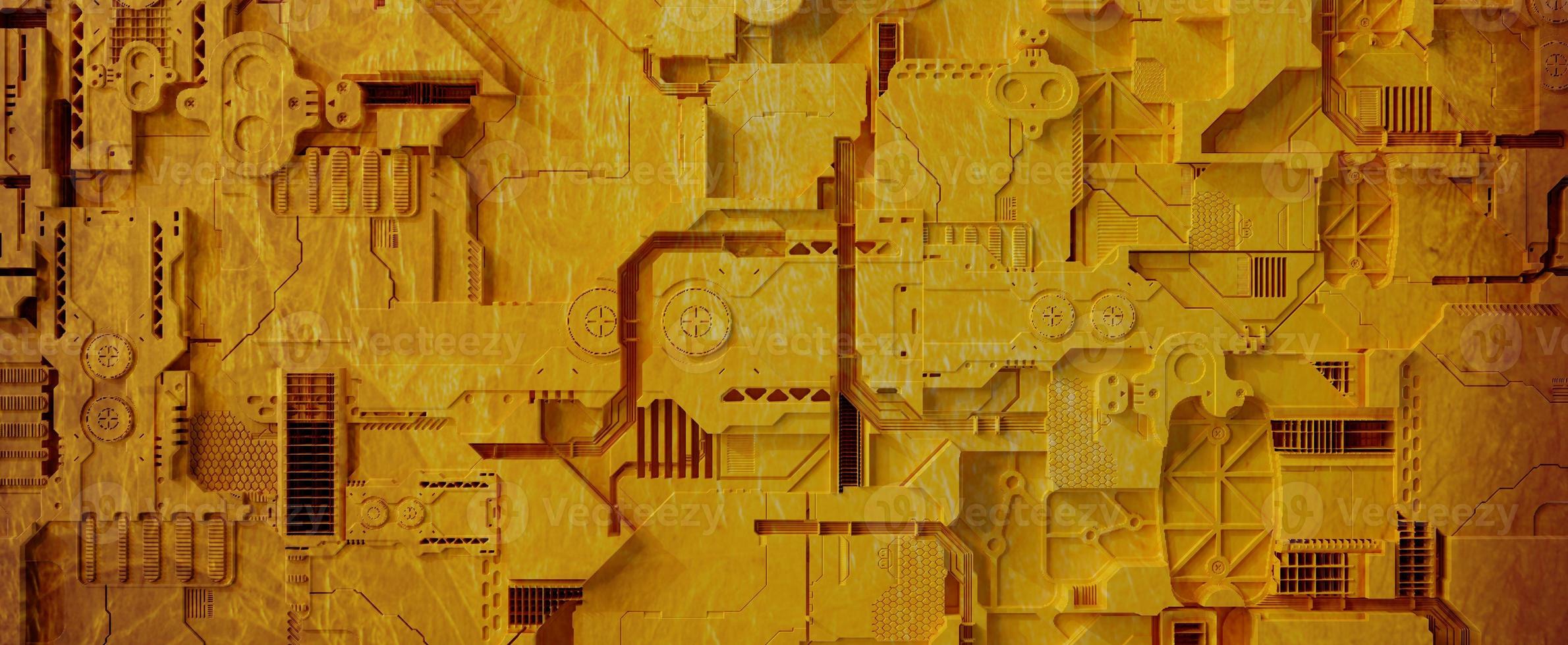 parede de painel eletrônico amarelo velho. antigo portão de techno futurista coberto com areia e ferrugem de renderização 3d. mecanismo gasto com placas de circuito e conexões desgastadas foto