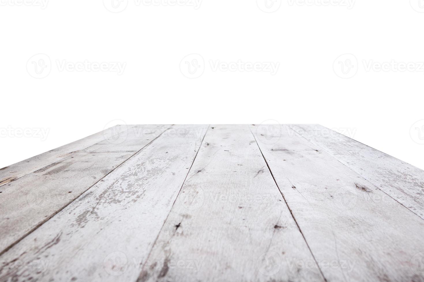 superfície superior da mesa de madeira isolada no fundo branco para exibição do produto de montagem foto