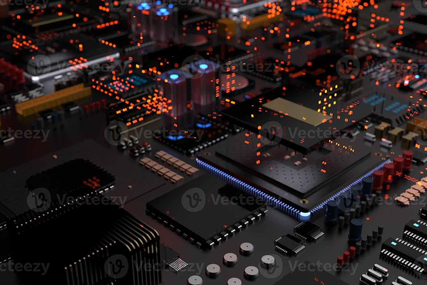 placa de circuito impresso com microchips, processadores e outras peças de computador em um fundo escuro. renderização 3D foto