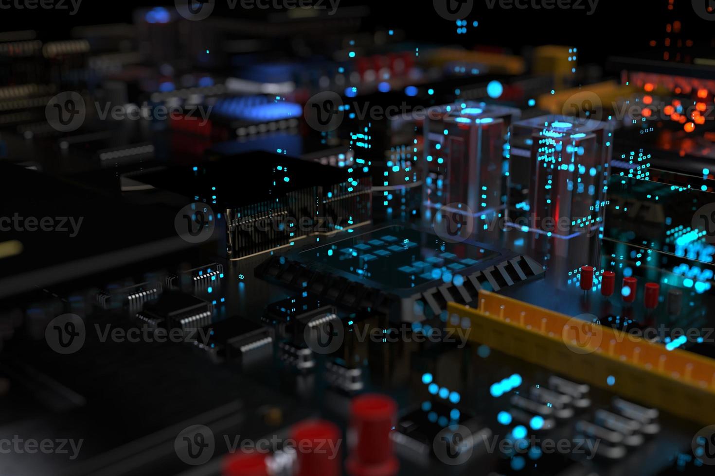 placa de circuito impresso com microchips, processadores e outras peças de computador em um fundo escuro. renderização 3D foto