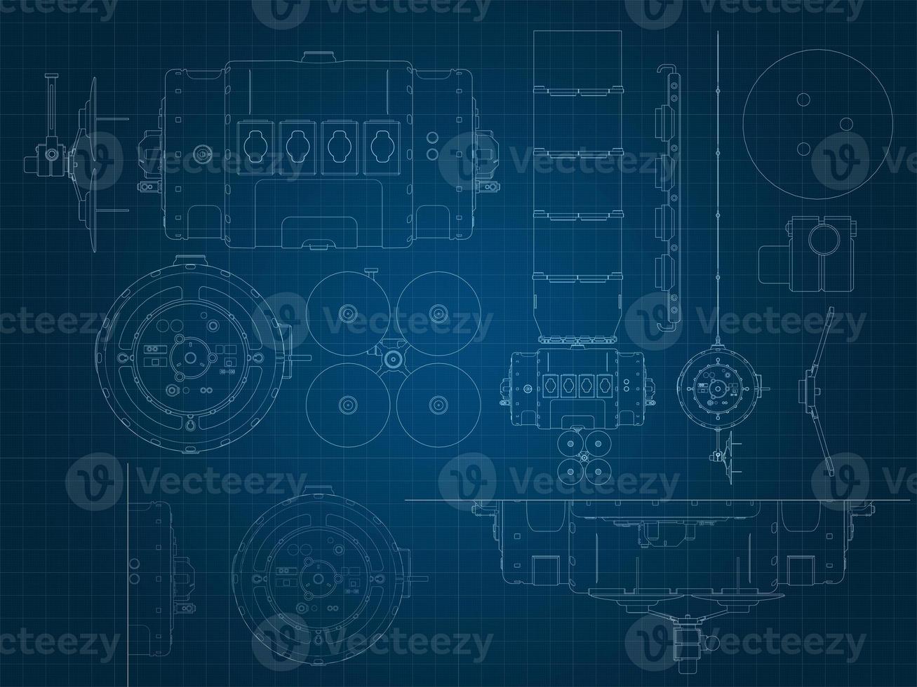 desenho de um satélite espacial e suas partes em um substrato azul milimétrico foto