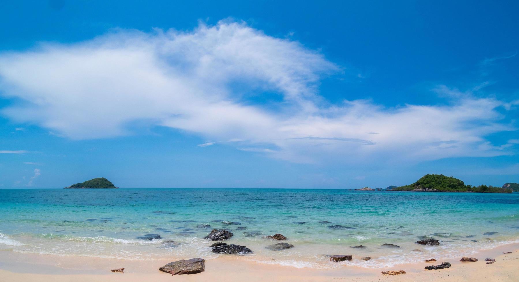 paisagem verão frontal fisheye visualize tropicais marítimas praia azul branco areia céu fundo calmas natureza índico lindos ondeada água viajar nang ram praia leste tailândia chonburi exótico horizon. foto