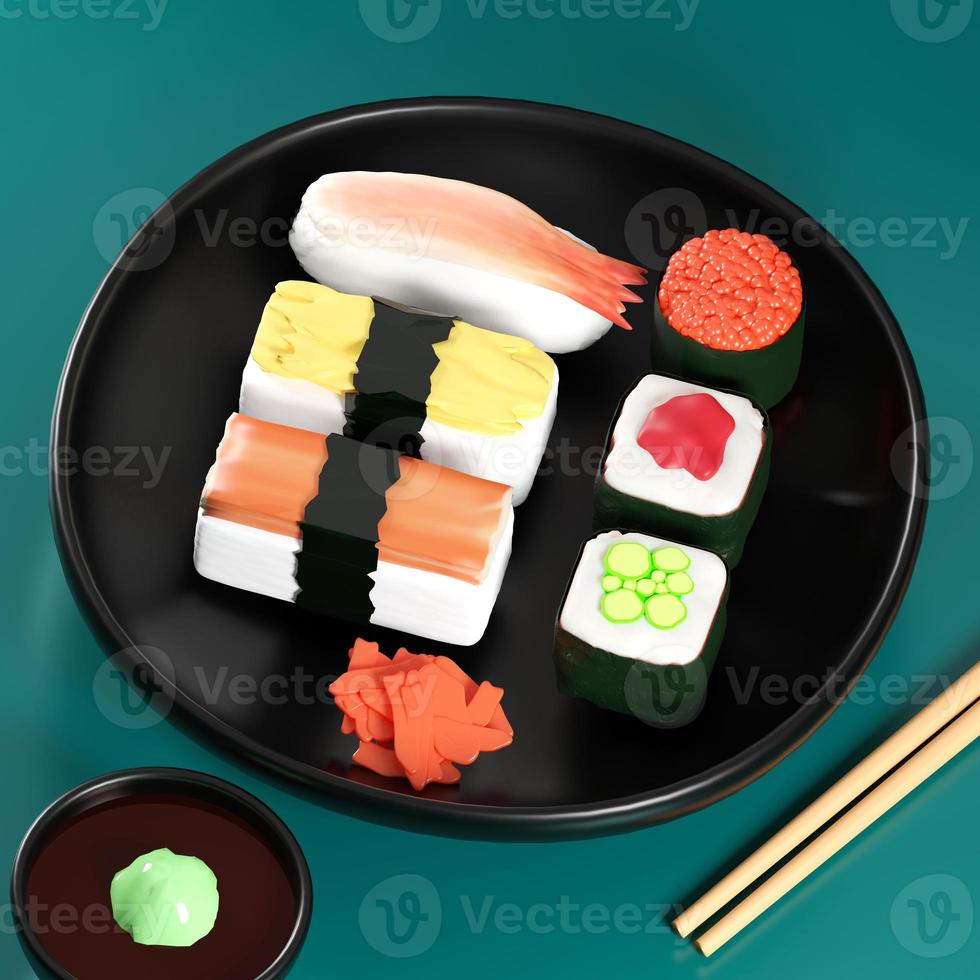 sushi cozinha tradicional japonesa comida popular. renderizar ilustração 3d foto