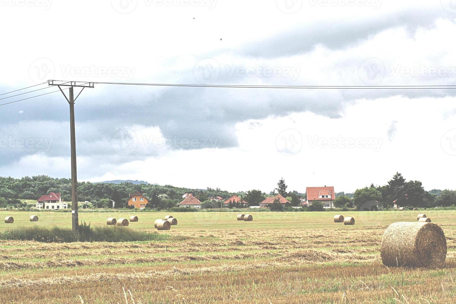 fardos de palha nos arredores de miskolc no grande campo com casas foto
