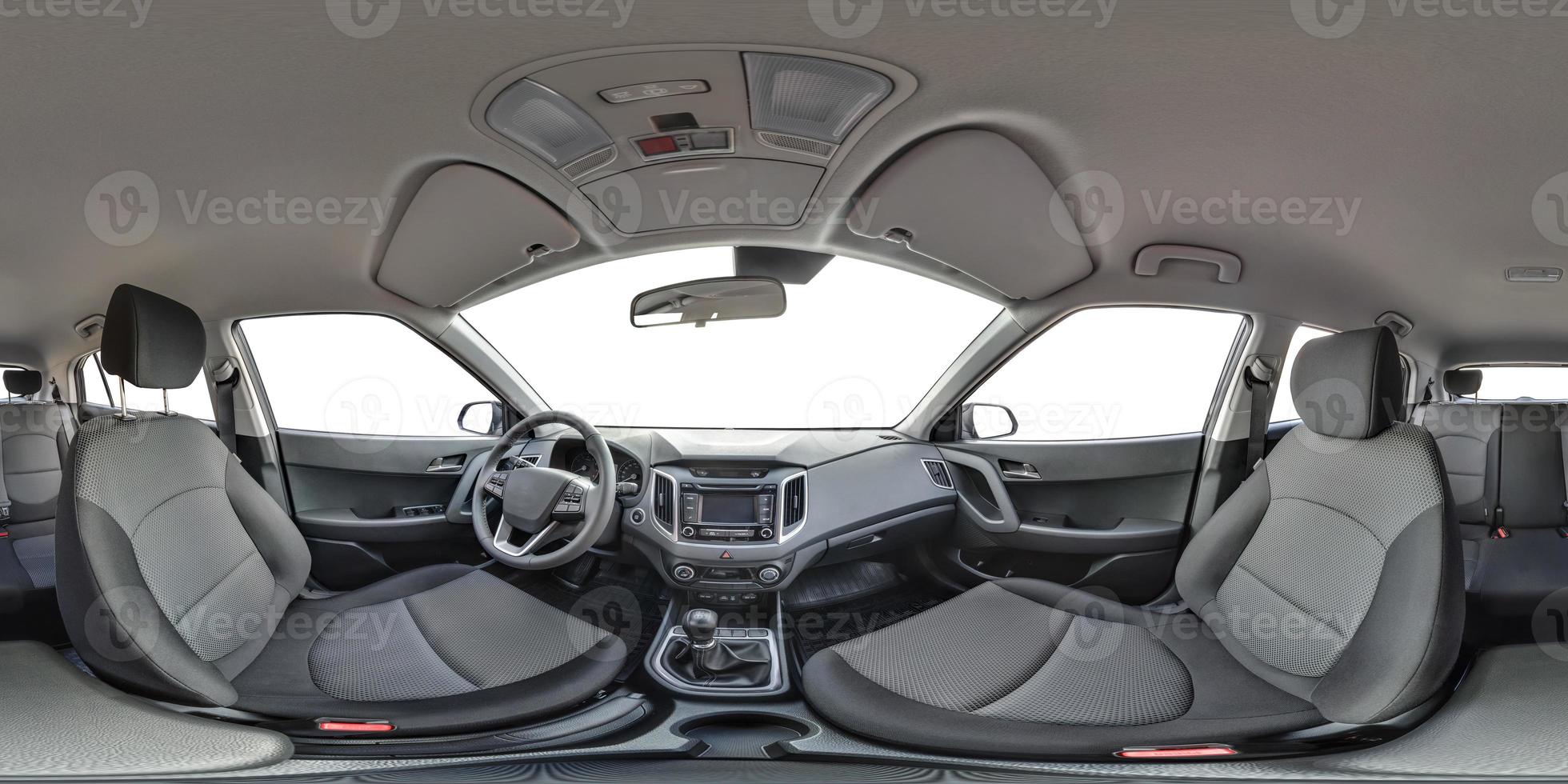 Vista panorâmica de 360º ângulo no interior de couro do carro moderno de prestígio. panorama esférico equidistante equidistante perfeito de 360 por 180 graus. conteúdo vr foto