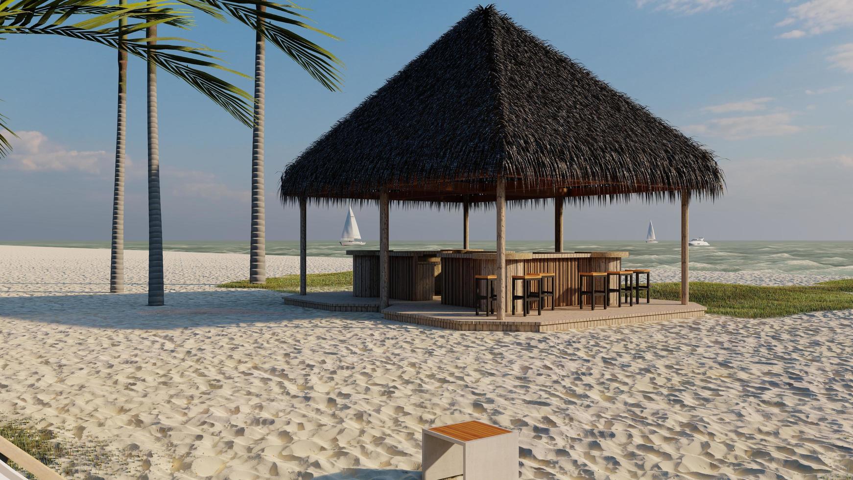 renderização em 3D de fotos bela ilustração de bar à beira-mar