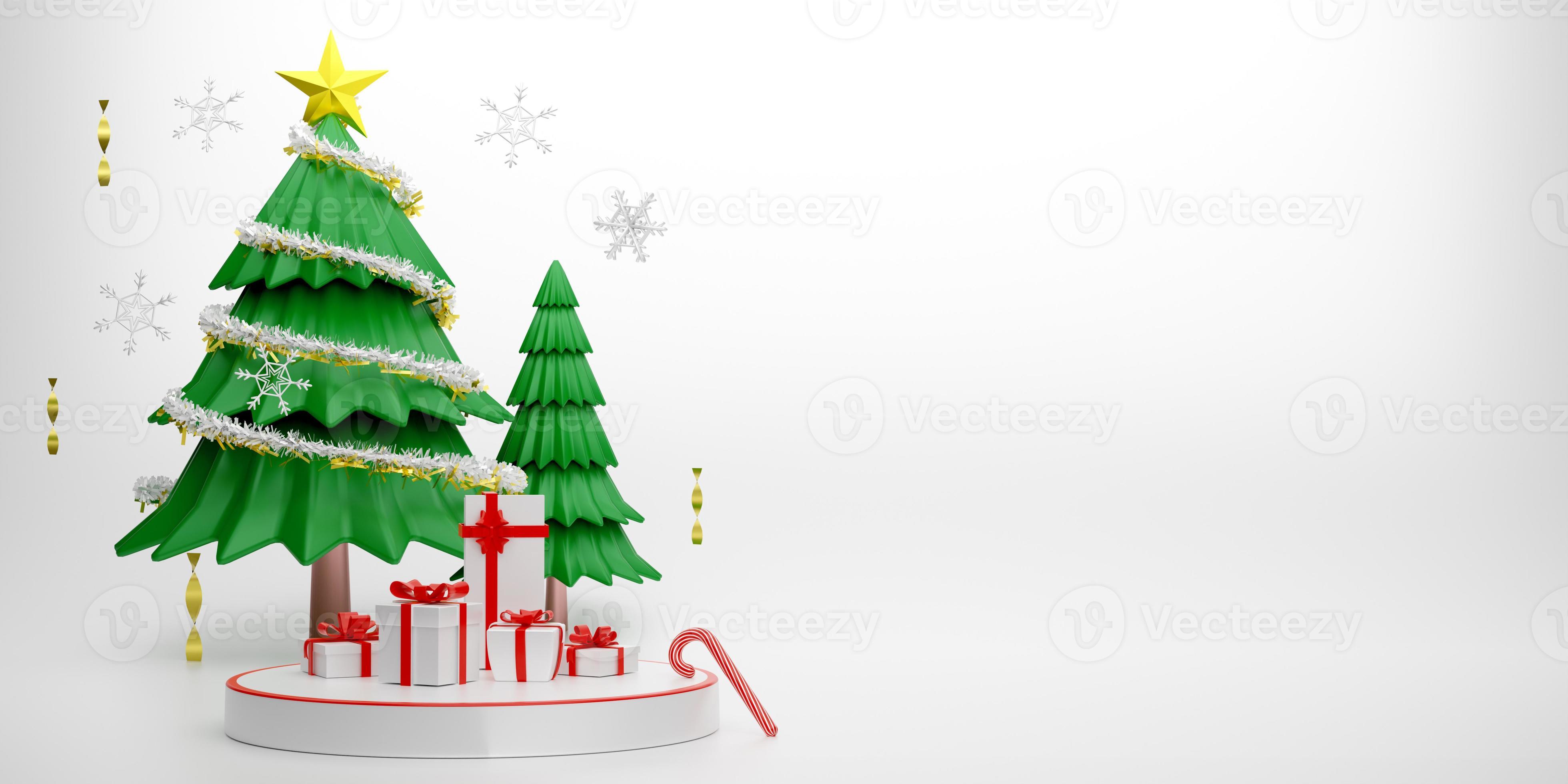 árvore de natal verde com caixa de presente e enfeites em composição branca  para exibição de palco moderno e maquete minimalista, conceito de natal e  um ano novo festivo, ilustração 3d ou