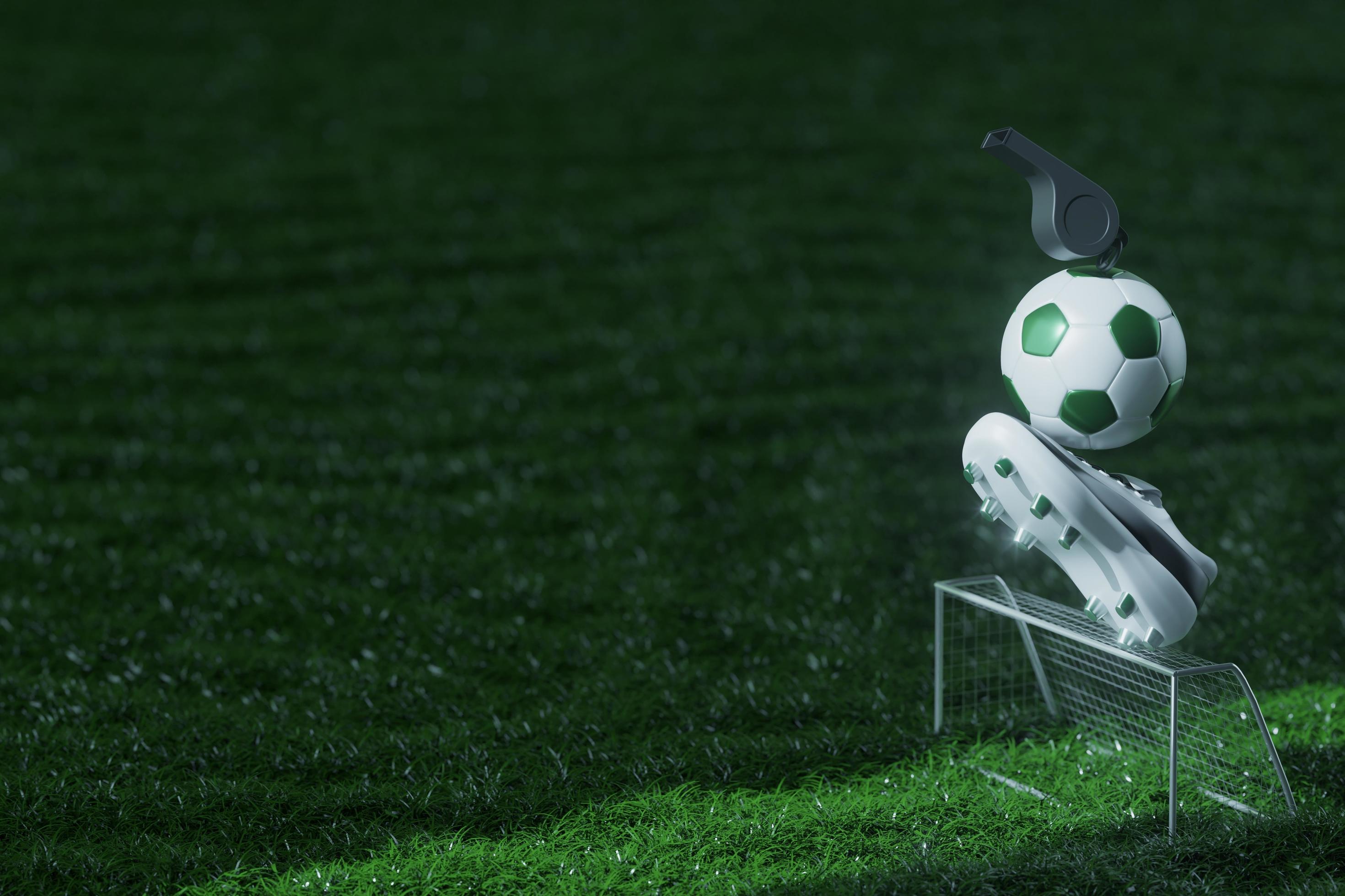 Futebol jogo online conceito, campo de futebol verde, holofotes