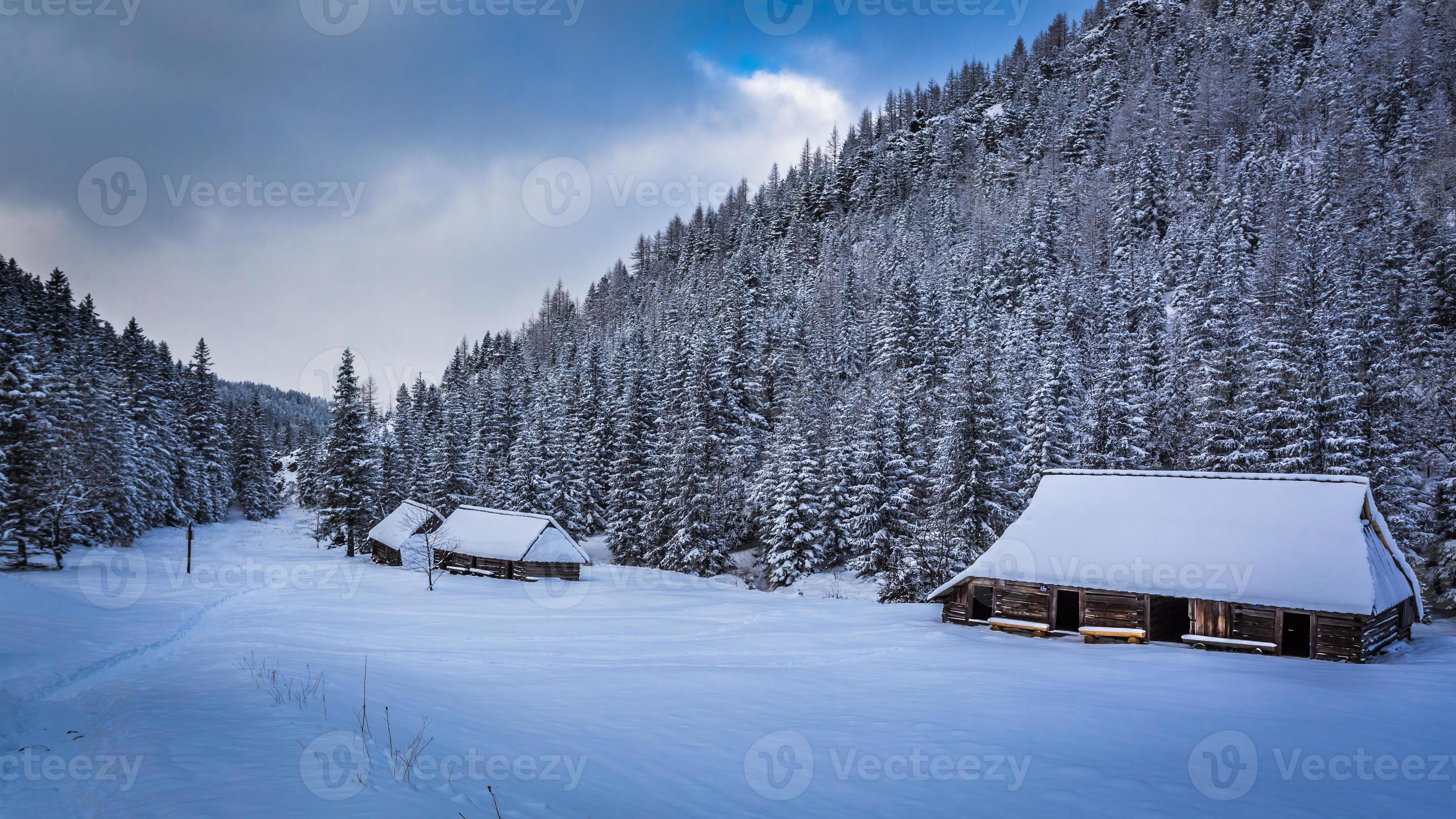 velhas casas de madeira nas montanhas de inverno foto