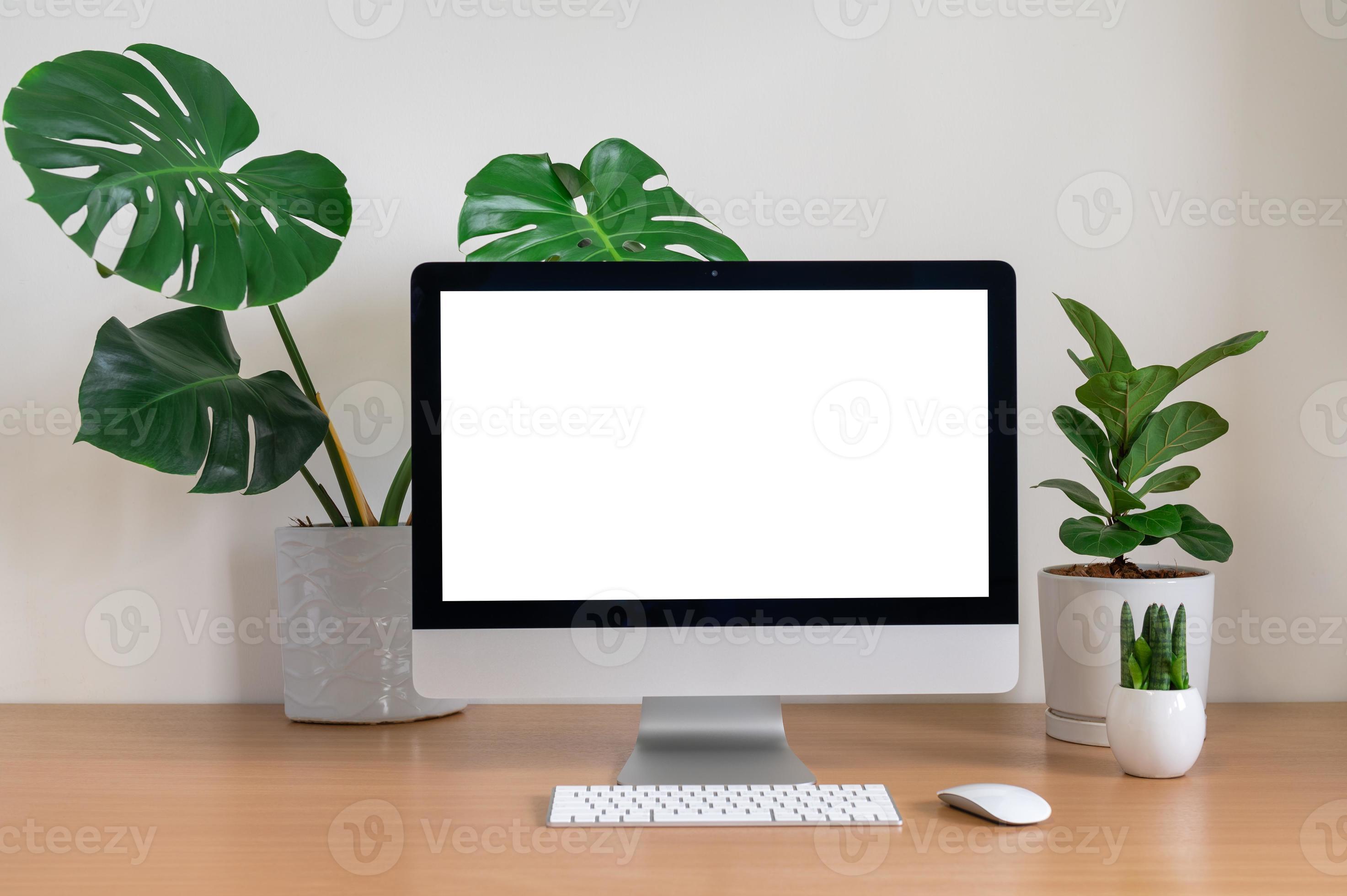 mesa com computador e plantas foto