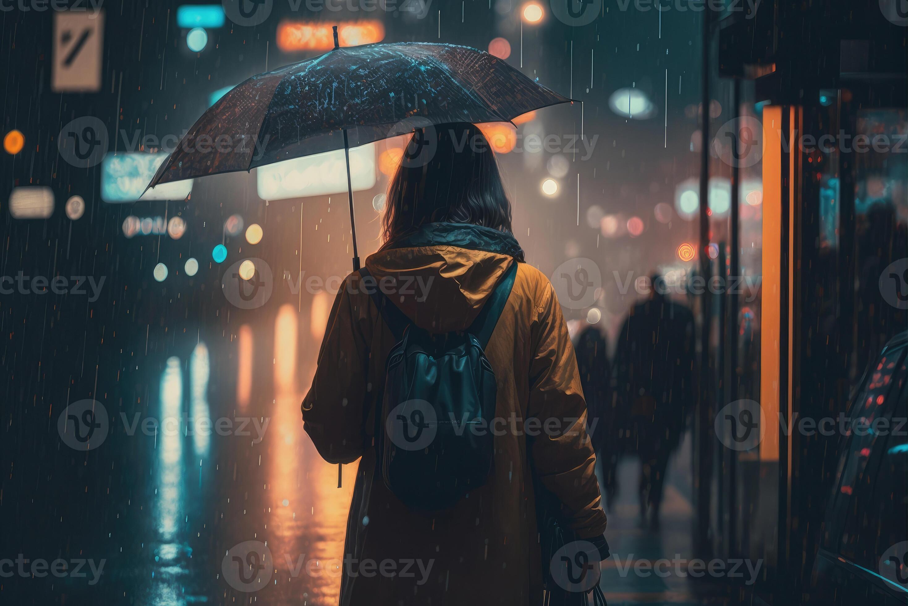 uma jovem mulher com a guarda-chuva anda em dentro uma moderno cidade às  noite e pesado chuva criada com generativo ai tecnologia. 21885833 Foto de  stock no Vecteezy