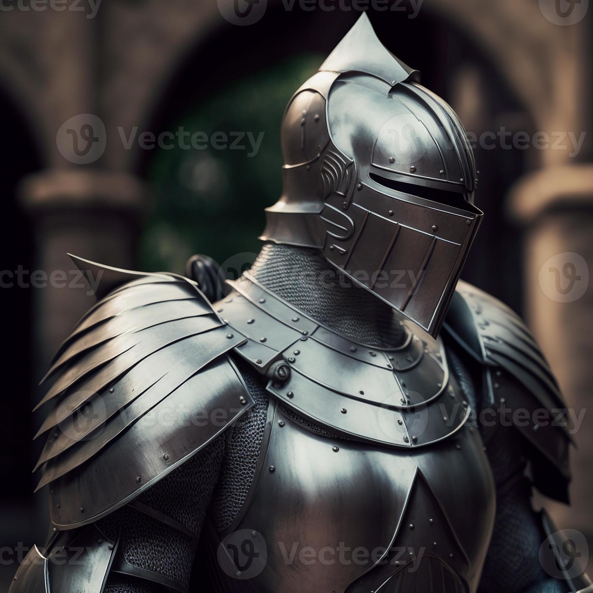 Cavaleiro medieval em armadura de prata, campo de batalha ao fundo. ia  generativa