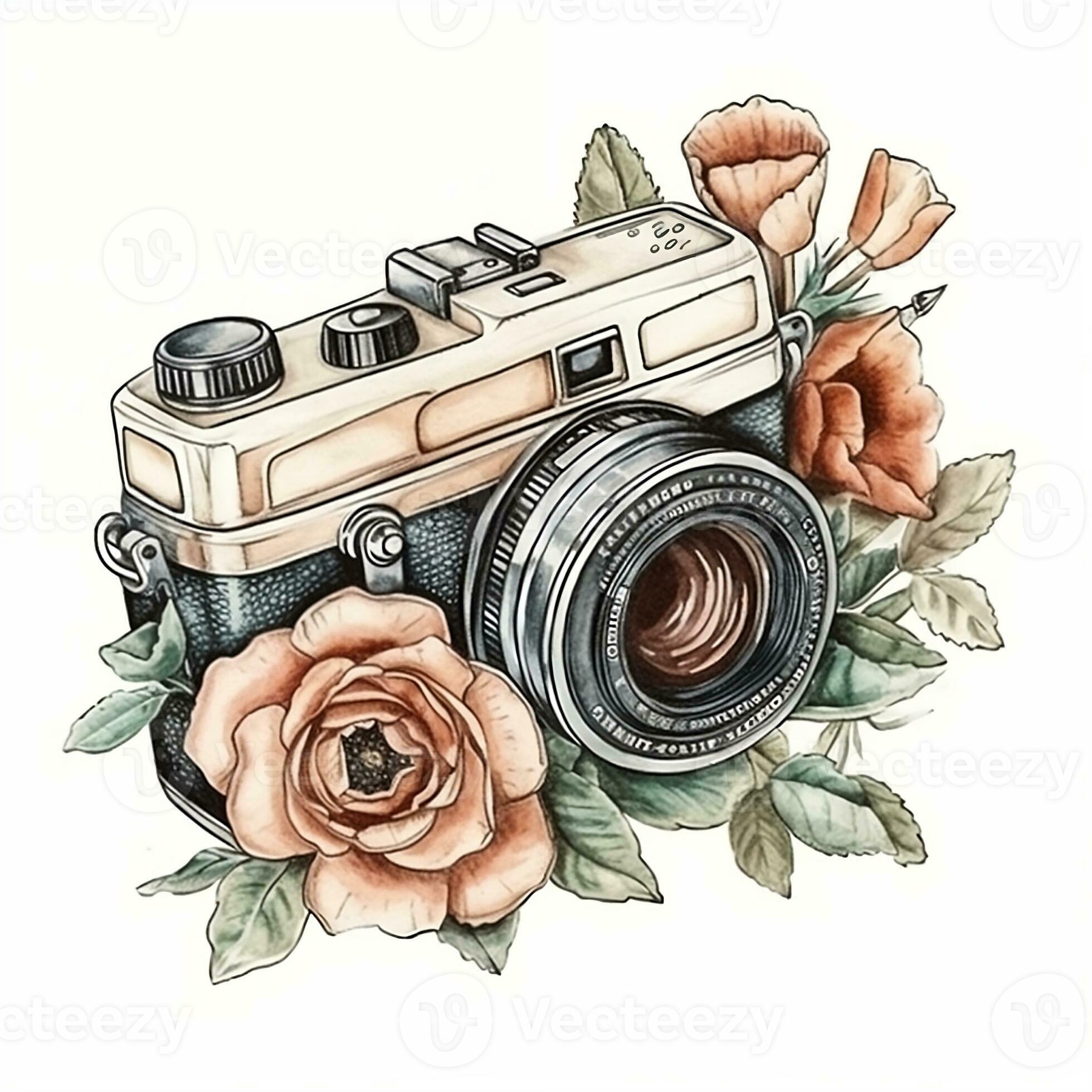 aguarela foto Câmera com flores esboço estilo ilustração, mão empate,  rabisco, retrô, vintage. ícone, logotipo, imprimir, sublimação, clipart. ai  gerado 25879214 Foto de stock no Vecteezy