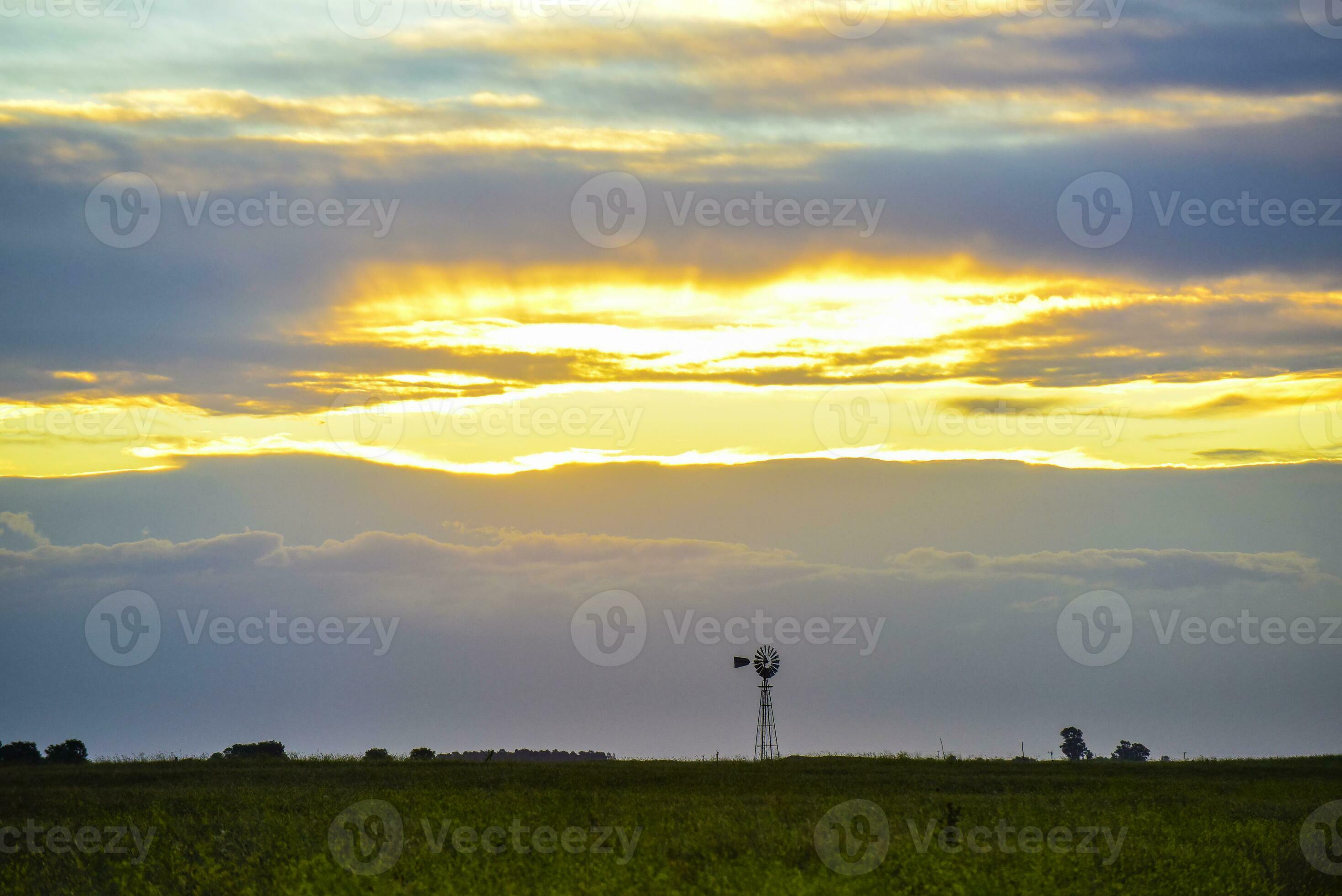 moinho de vento dentro a campo, às pôr do sol, pampas, Argentina